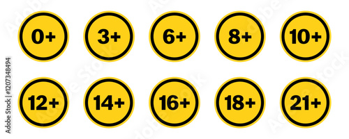 Set of orange age restriction or prohibition sign. Age limit sign collection