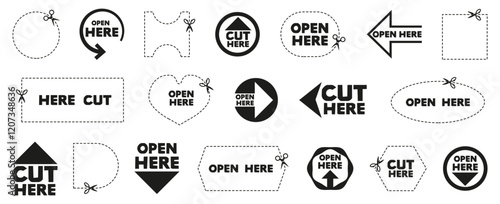 Set of black open here coupon on a white background