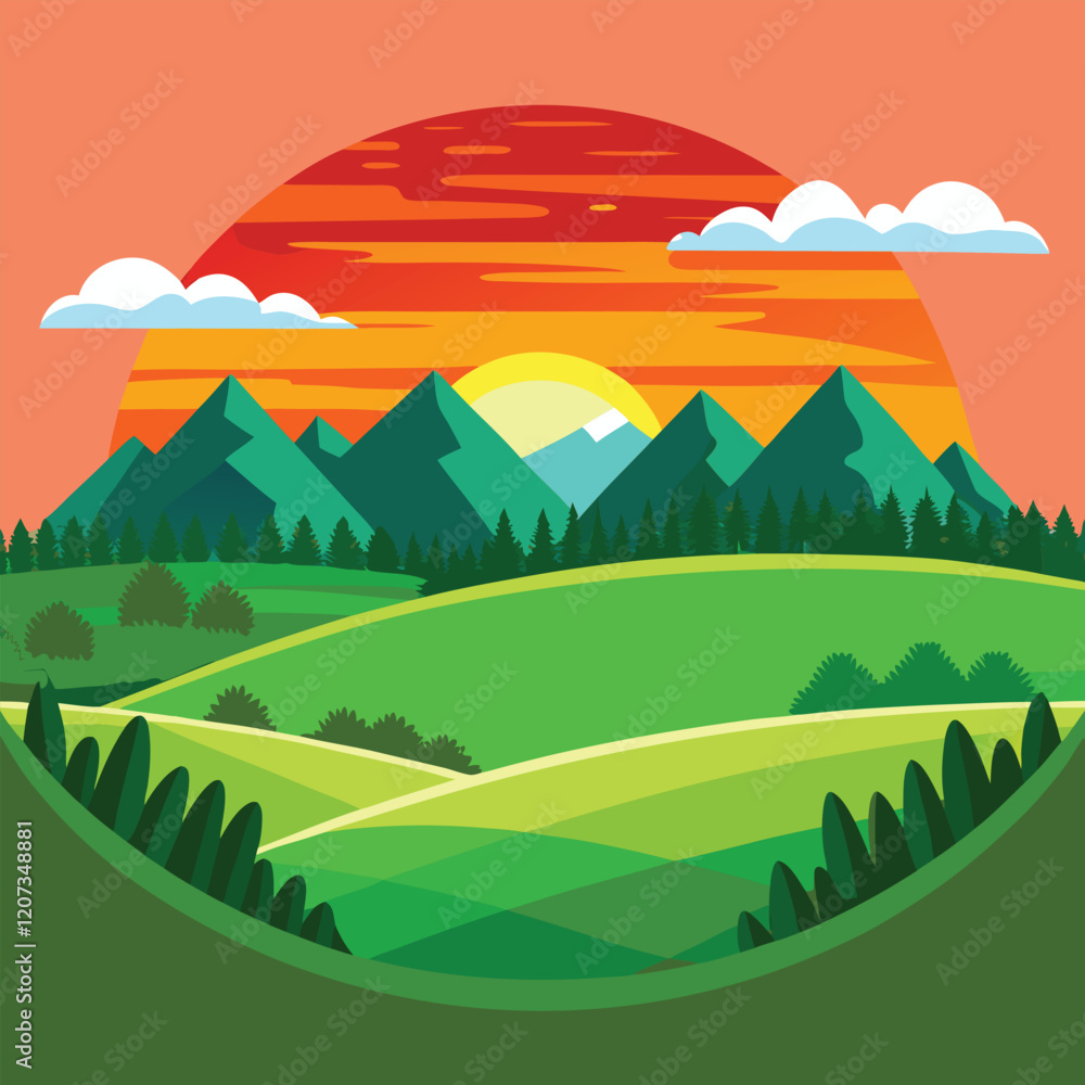 Fototapeta premium Vector landscape, sunset scene in nature with mountains and forest, silhouettes of trees and hills. Beautiful landscape of mountains and wild forest