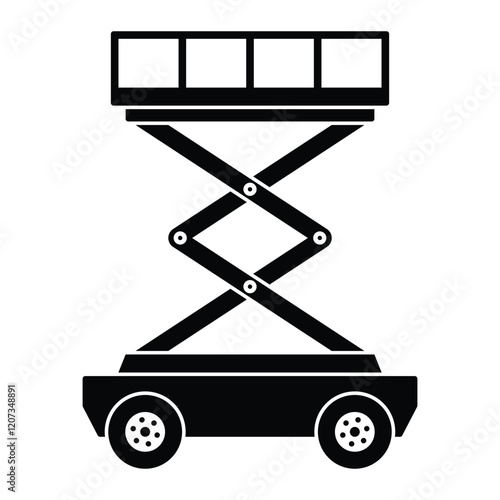 Scissor lift vector icon. Ideal for construction, industrial maintenance, and warehouse equipment designs. Black silhouette isolated on white background.