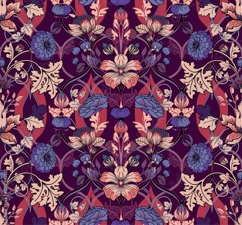 Seamless vintage twisted pattern with flowers and leaves in modern baroque