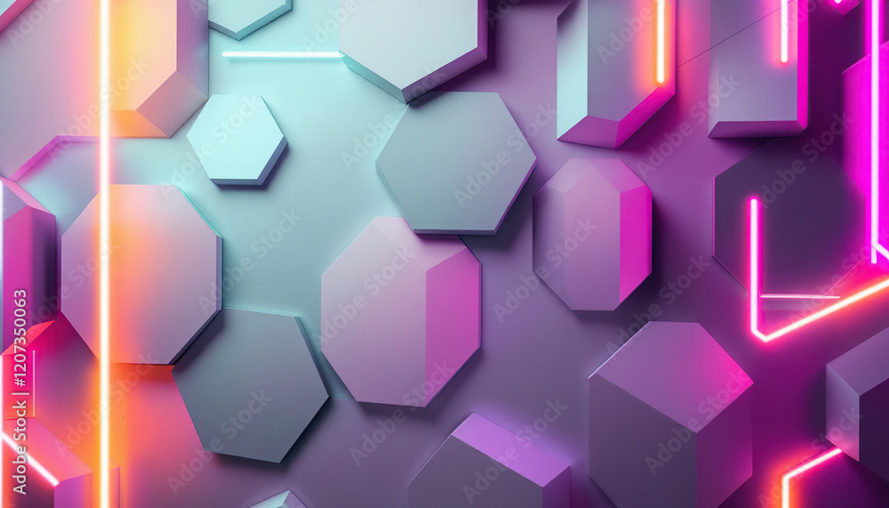 Abstract Hexagonal Shapes Illuminated by Neon Lights Abstract Hexagonal Shapes Illuminated by Neon Lights