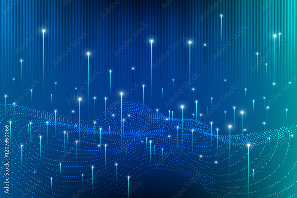 Digital landscape of dotted lines and glowing vertical points, illustrating fusion of data visualization and futuristic technology. Concept of business, innovations, advanced technologies, digital art Digital landscape of dotted lines and glowing vertical points, illustrating fusion of data visualization and futuristic technology. Concept of business, innovations, advanced technologies, digital art
