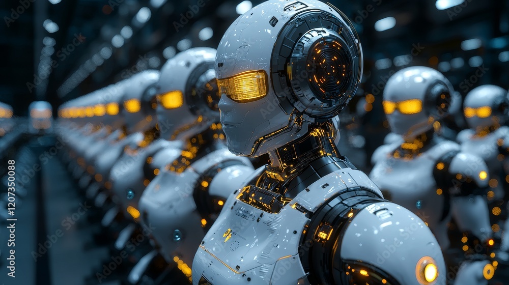 Fototapeta premium A futuristic assembly line filled with humanoid robots showcasing advanced technology and metallic designs in a high-tech environment