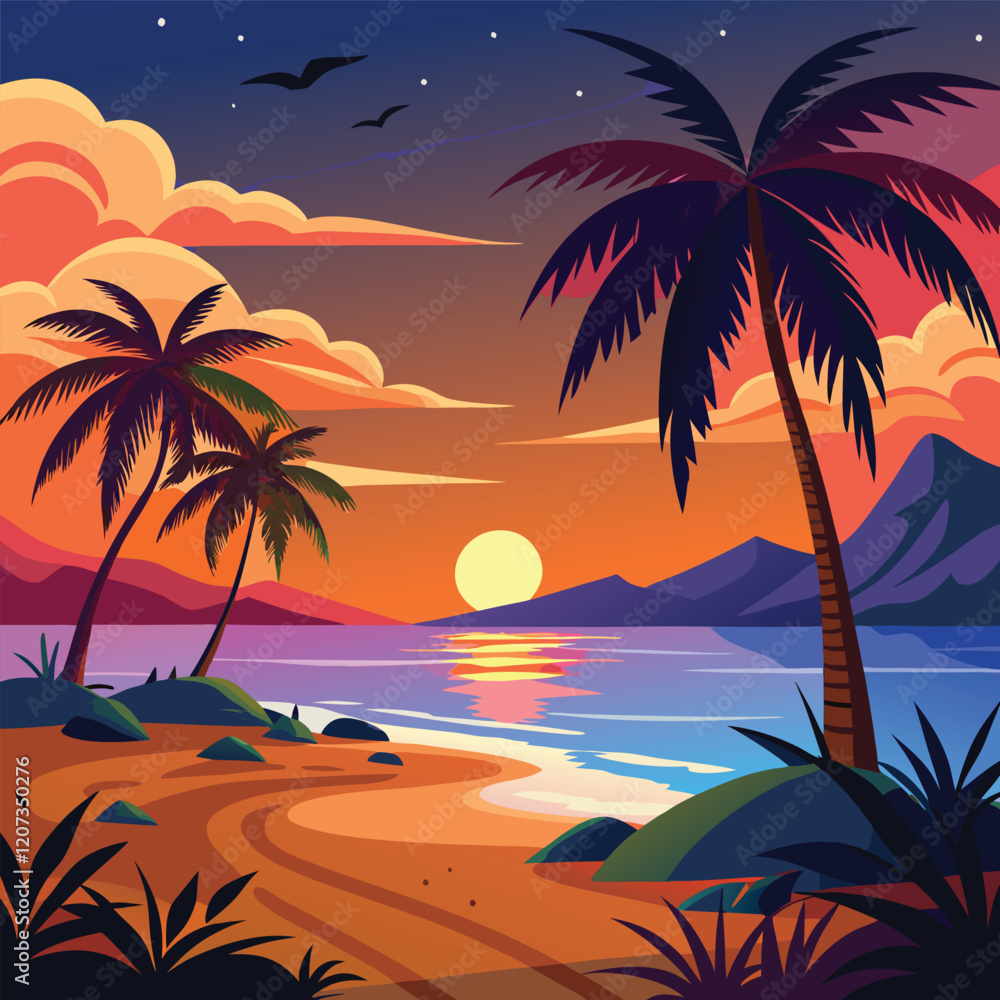 Evening on the beach with a beautiful landscape of palm trees. Evening on the beach with palm trees. colorful picture for rest. Palm trees at sunset. Orange sunset. Summer sunset. Paradise sunse Evening on the beach with a beautiful landscape of palm trees. Evening on the beach with palm trees. colorful picture for rest. Palm trees at sunset. Orange sunset. Summer sunset. Paradise sunse