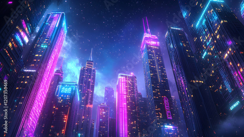 Nighttime City View with Glowing Skyscrapers and a Stunning Galactic Sky Full of Stars. Generative AI