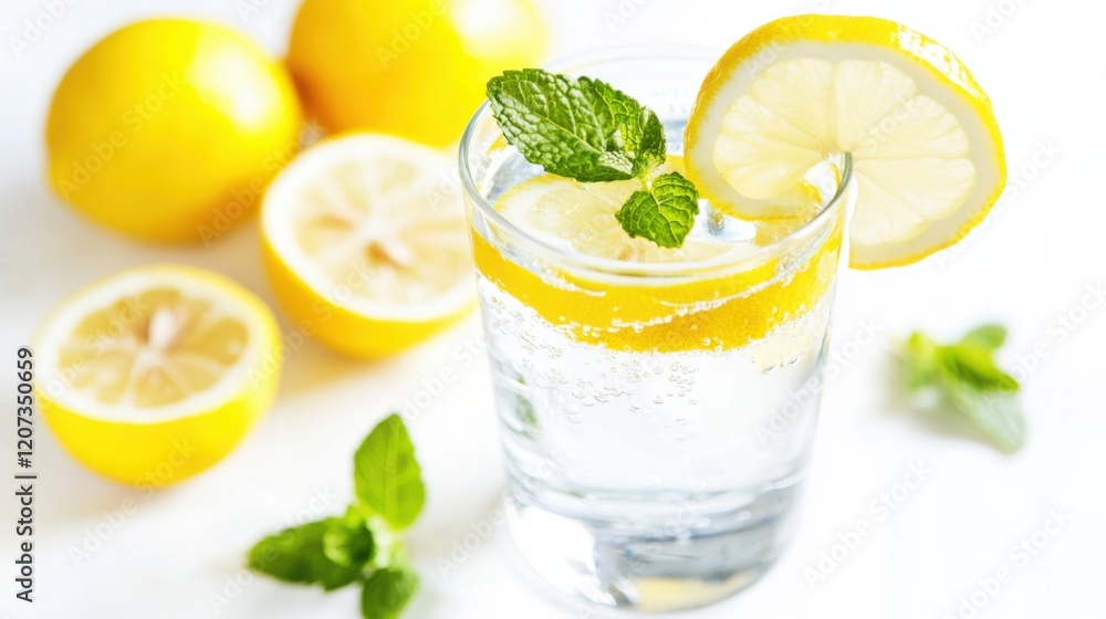 A refreshing setup for hydration, with a glass of water, lemon slices A refreshing setup for hydration, with a glass of water, lemon slices