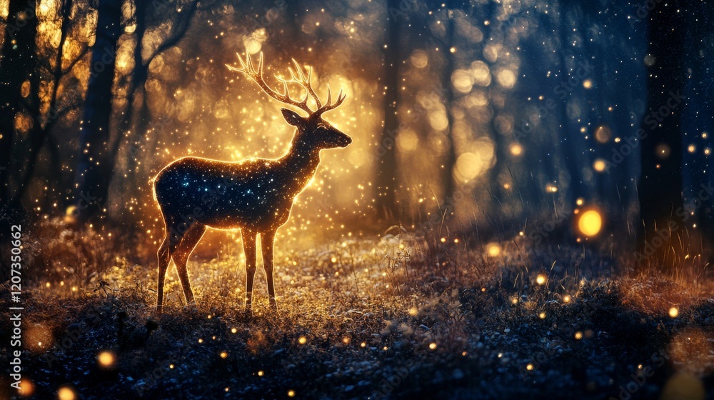 Mystical glowing deer silhouette in dark forest at night. Vector cartoon fantasy illustration of stag soul, spirit of woodland and protector of wildlife. Magic beautiful reindeer in woods Mystical glowing deer silhouette in dark forest at night. Vector cartoon fantasy illustration of stag soul, spirit of woodland and protector of wildlife. Magic beautiful reindeer in woods