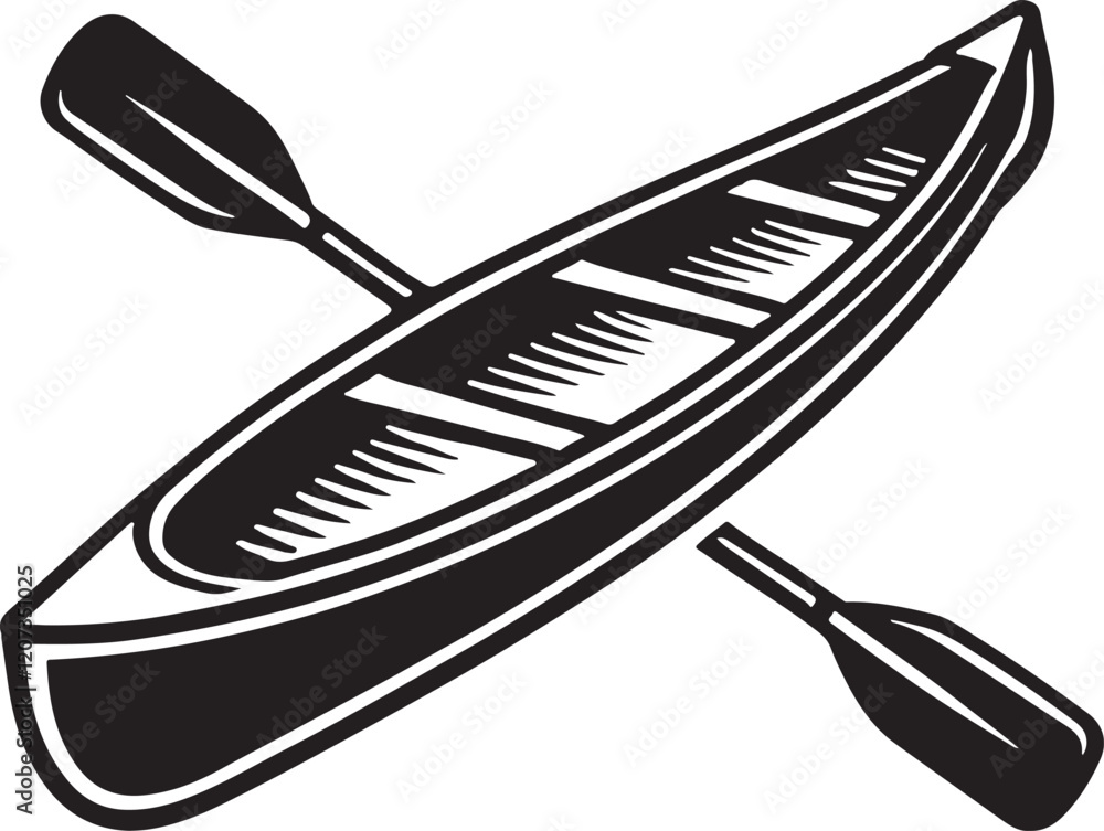 Silhouette vector of a canoe with paddles, ideal for outdoor adventure designs, camping themes, water sports, and recreational branding projects. Silhouette vector of a canoe with paddles, ideal for outdoor adventure designs, camping themes, water sports, and recreational branding projects.