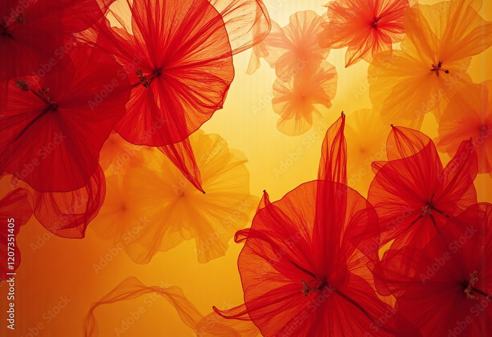 Fototapeta premium A close up of red flowers with yellow flowers in the background. The flowers are arranged in a way that they look like they are floating in the air. Scene is one of beauty and serenity