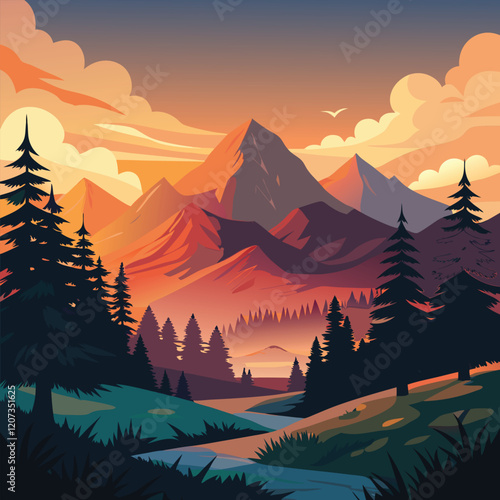 Beautiful landscape vector illustration of mountains, forests, fields and meadows. Stunning panoramic farm landscape with mountains in the background. landscape for printing.