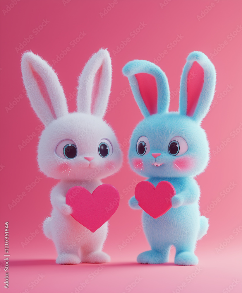 3d rendering of two rabbits holding read heart 3d rendering of two rabbits holding read heart
