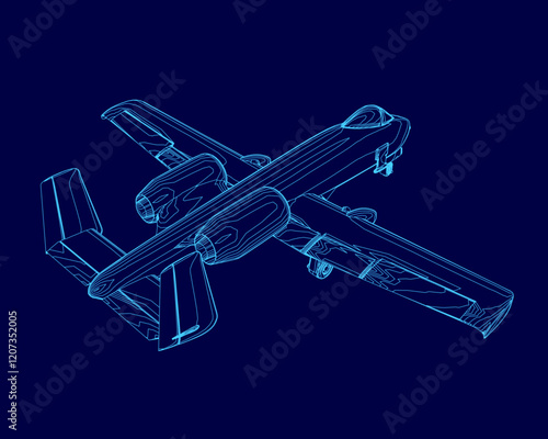 Blue airplane is shown in a blue background. The airplane is a fighter jet and is shown in a stylized way