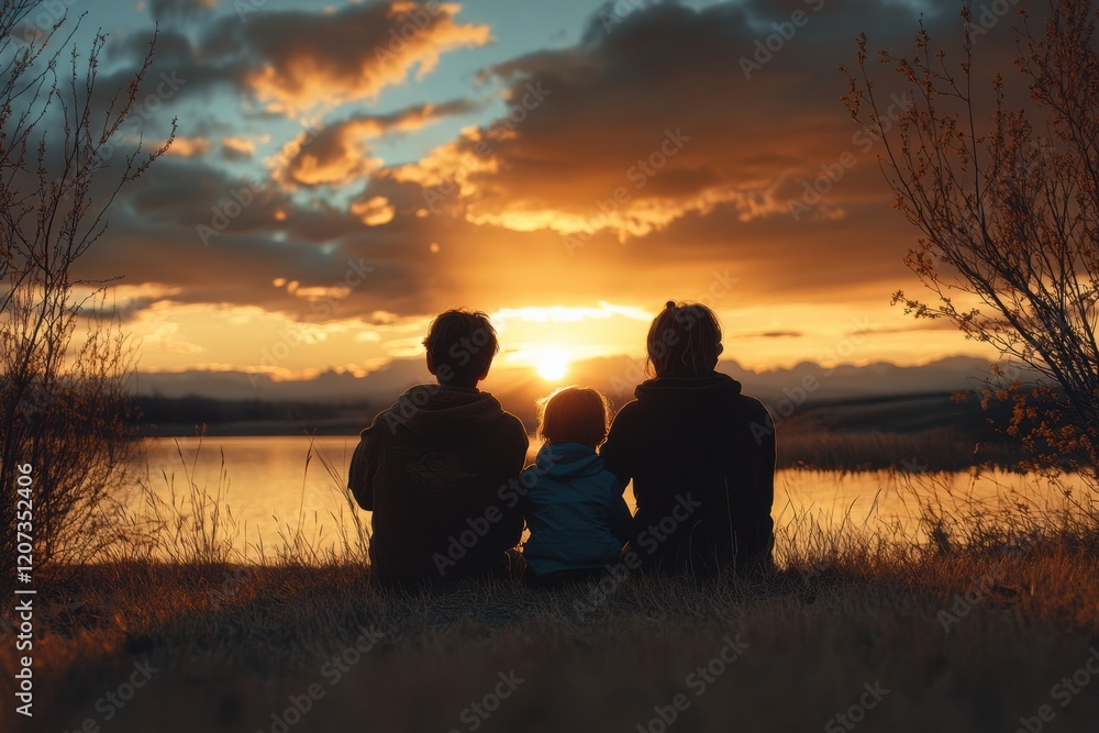 Kids cuddling together while watching a beautiful sunset by the lake in springtime Kids cuddling together while watching a beautiful sunset by the lake in springtime