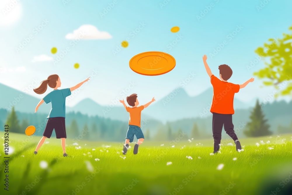 Kids enjoying a sunny day playing frisbee in a grassy field surrounded by mountains Kids enjoying a sunny day playing frisbee in a grassy field surrounded by mountains