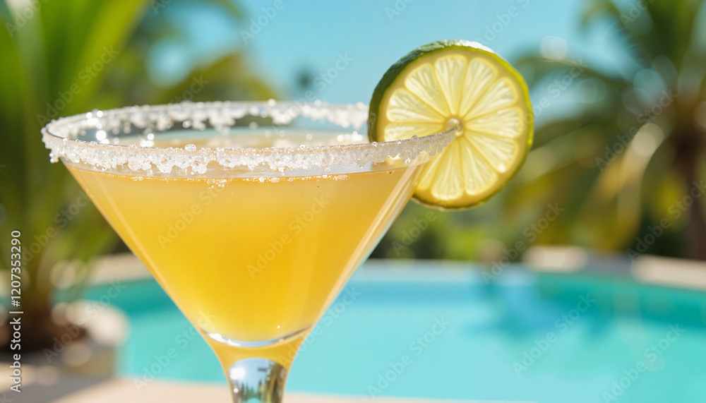 Vibrant daiquiri cocktail garnished with lime by tropical pool, relaxation