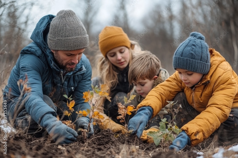Planting trees together as a family in an outdoor setting during the cool season Planting trees together as a family in an outdoor setting during the cool season