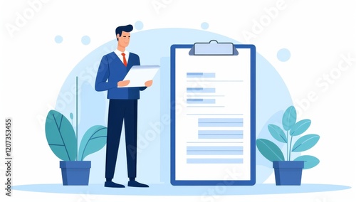 Businessman Reviewing Important Documents and Checklist