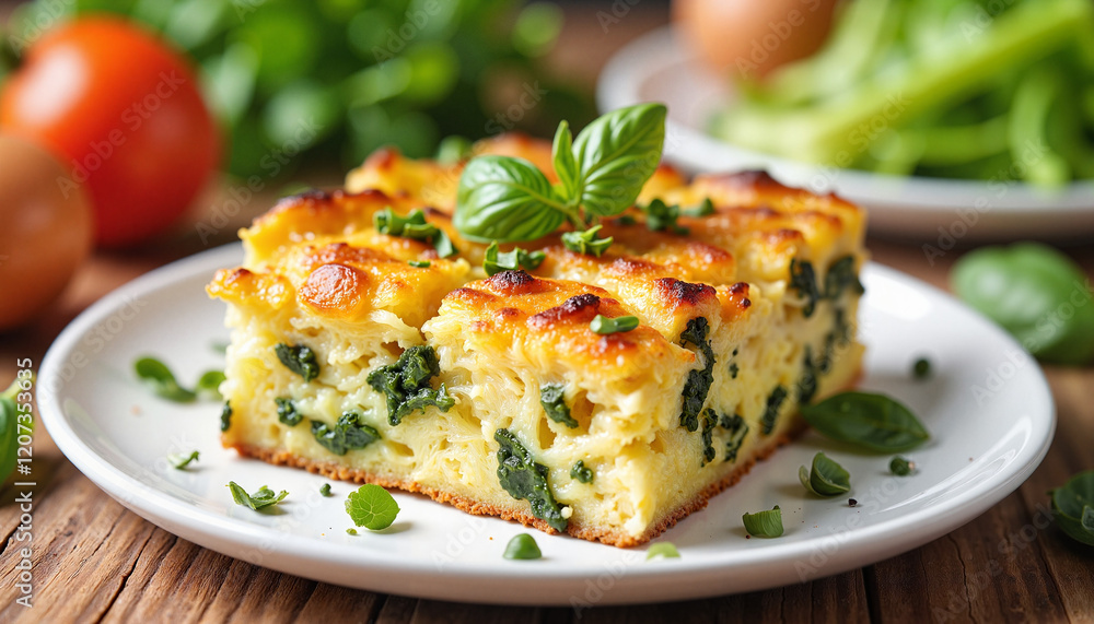 Delicious frittata served on white plate with fresh herbs, culinary delight Delicious frittata served on white plate with fresh herbs, culinary delight