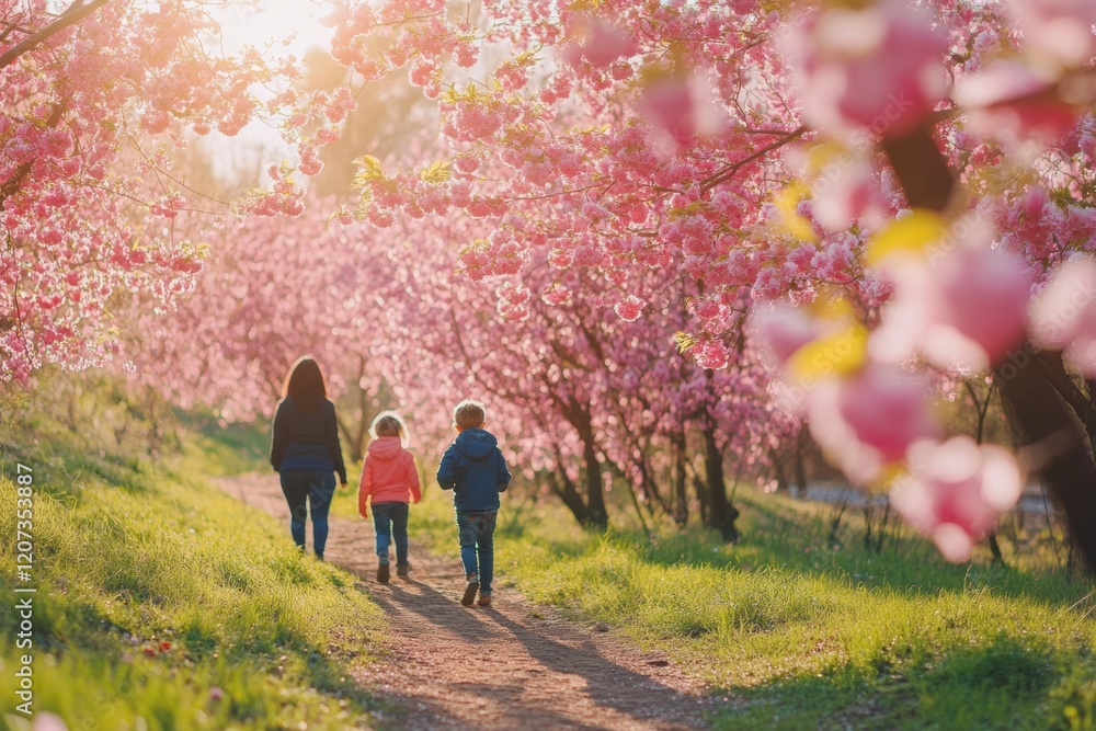 Family enjoys a nature hike surrounded by blooming cherry blossoms in springtime sunlight Family enjoys a nature hike surrounded by blooming cherry blossoms in springtime sunlight