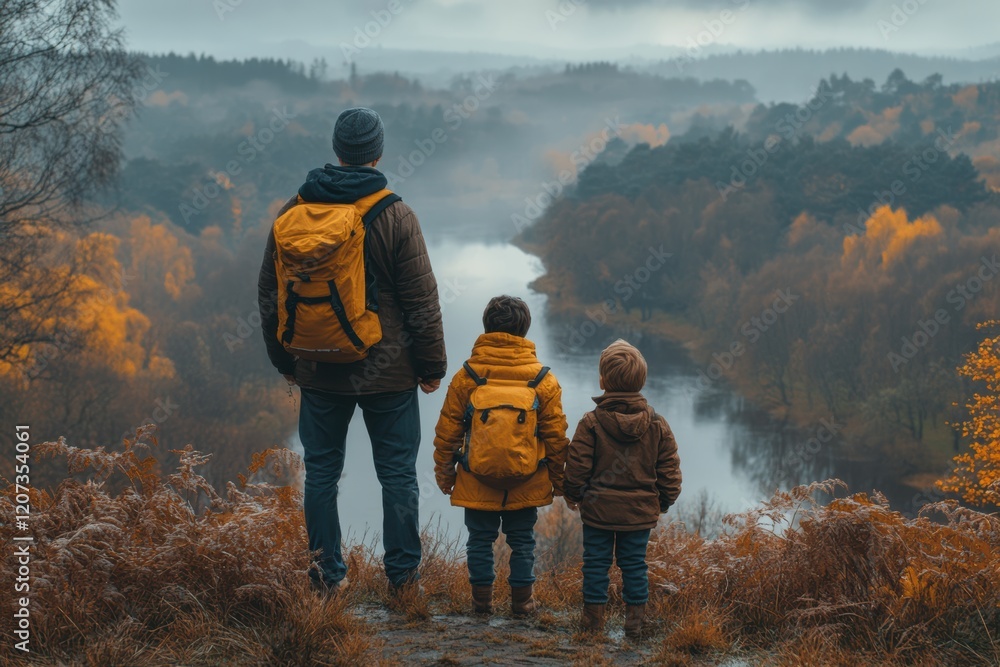 Obraz premium Family enjoys a scenic view together by the river in autumn