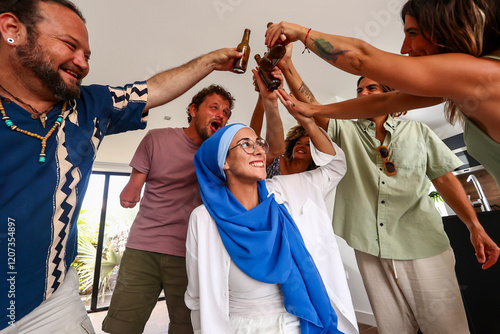 Friends Celebrating and Smiling Together at Home photo