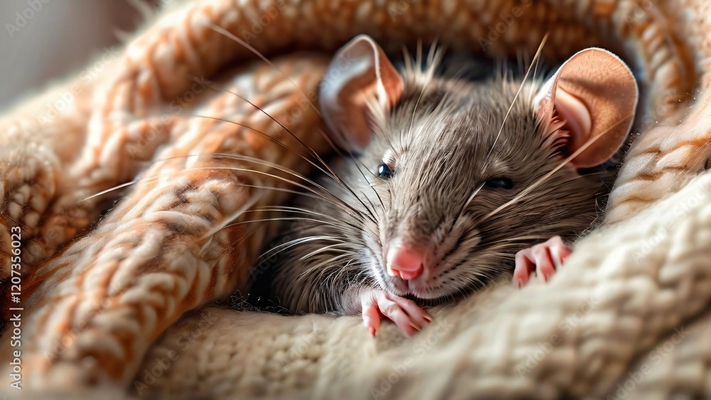 Adorable Rat sleeps in a soft blanket for World Rat Day: Curious Rodent Exploring in a Cozy Indoor Setting Adorable Rat sleeps in a soft blanket for World Rat Day: Curious Rodent Exploring in a Cozy Indoor Setting