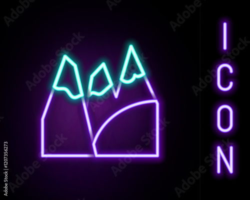 Glowing neon line Mountains icon isolated on black background. Symbol of victory or success concept. Goal achievement. Colorful outline concept. Vector