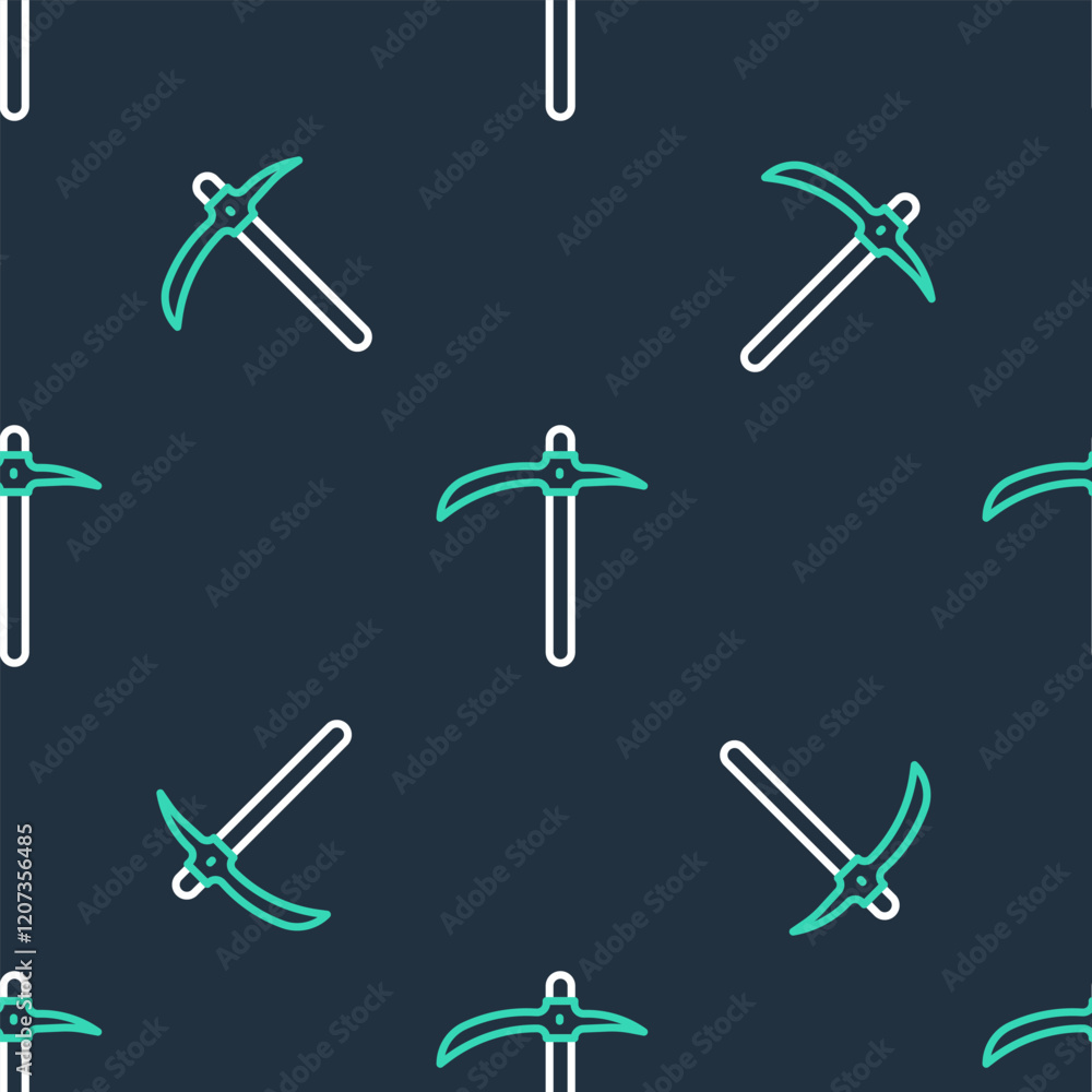 Fototapeta premium Line Pickaxe icon isolated seamless pattern on black background. Vector