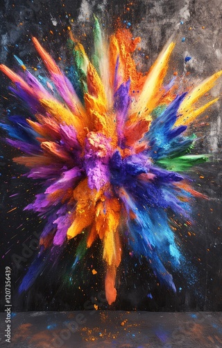 Creative, colorful 3D art of an explosion made from powder on the ground, with vibrant colors and dramatic lighting. 