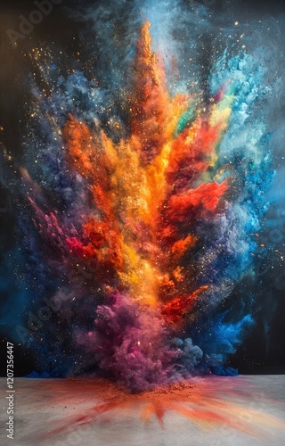 Creative, colorful 3D art of an explosion made from powder on the ground, with vibrant colors and dramatic lighting. 