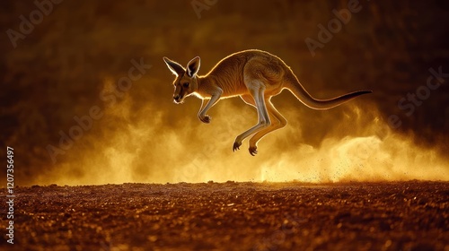 Red kangaroo joey leaping across dusty outback landscape at sunset. photo