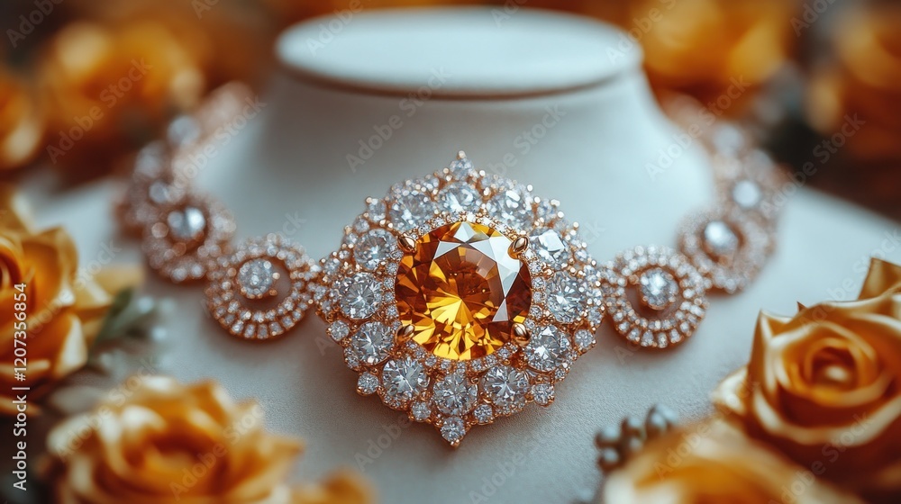 Luxurious yellow gemstone necklace with diamonds on display. Luxurious yellow gemstone necklace with diamonds on display.