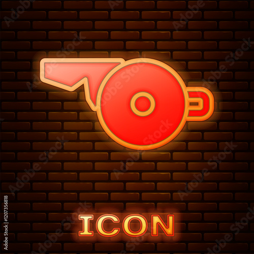 Glowing neon Whistle icon isolated on brick wall background. Referee symbol. Fitness and sport sign. Vector