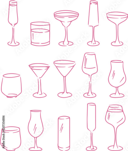 A set of vector doodle drawings. Simple images of a glass and a tumbler.
