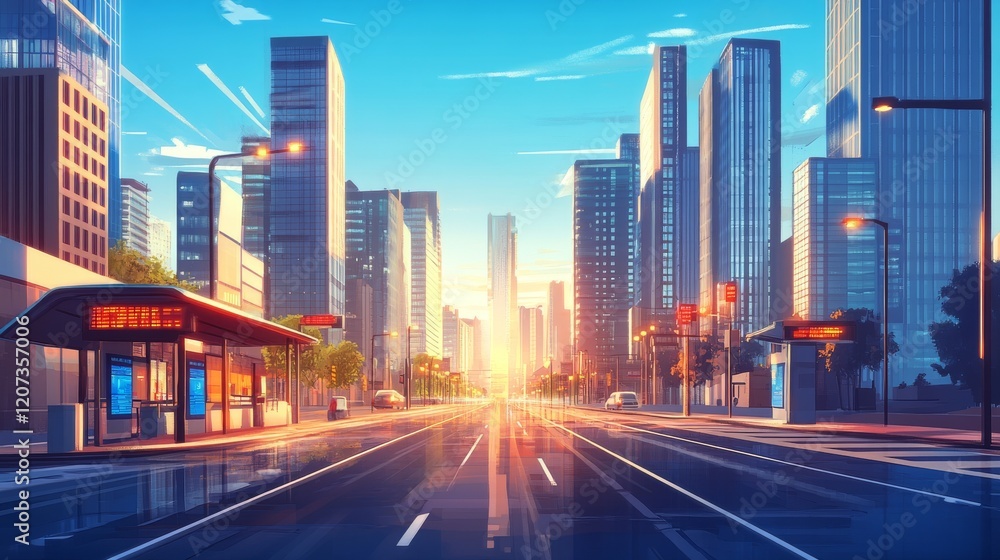 Fototapeta premium Straight road to modern city with high buildings, street lights and bus stops. Cartoon vector illustration of asphalt highway lead to metropolis with skyscrapers, sun on blue sky during summer day.