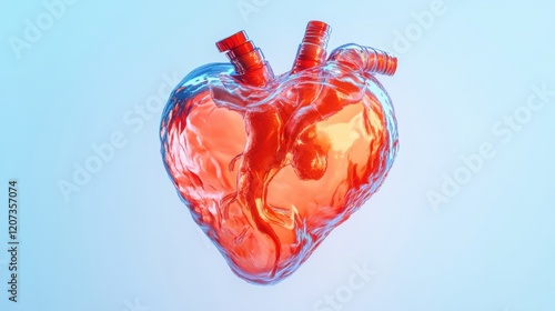 A vibrant, translucent heart sculpture with flowing liquid design against a soft blue background photo