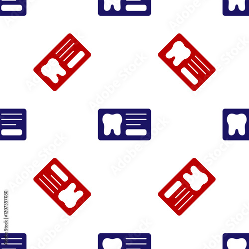 Blue and red Clipboard with dental card or patient medical records icon isolated seamless pattern on white background. Dental insurance. Dental clinic report. Vector