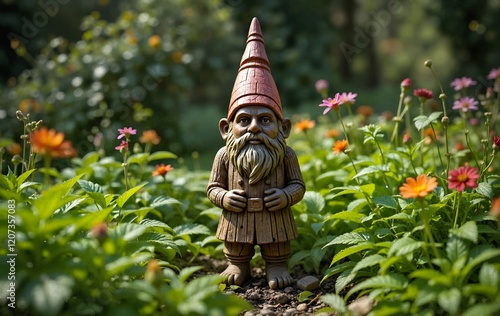 Charming garden gnome statue standing among colorful flowers
 photo