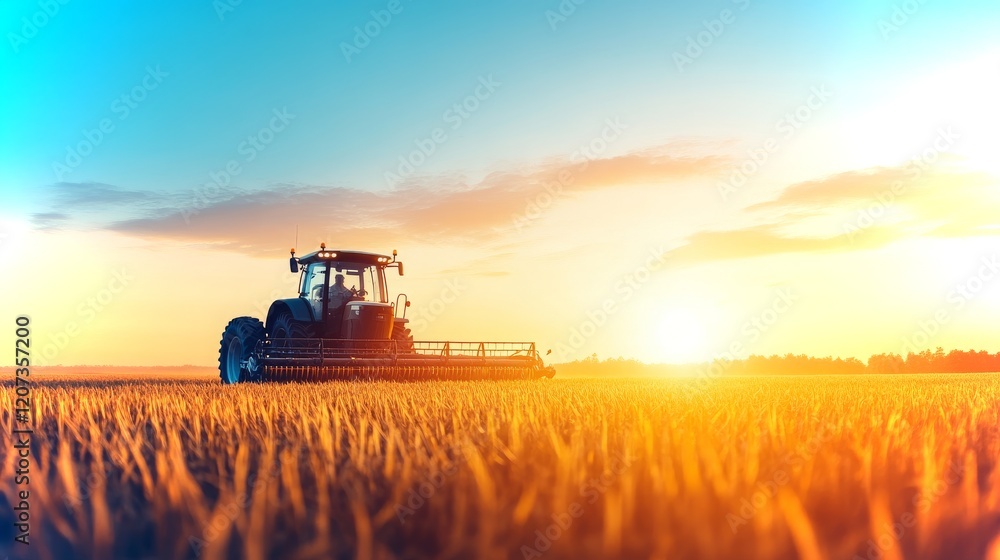 Fototapeta premium Farmer utilizes digital currency for automated equipment in sunset agricultural landscape