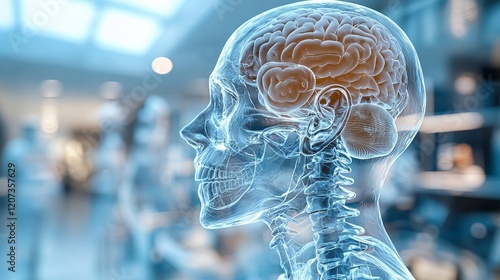 A detailed anatomical depiction of a human skull and brain showcasing the intricate structures and connections within a modern clinical setting.