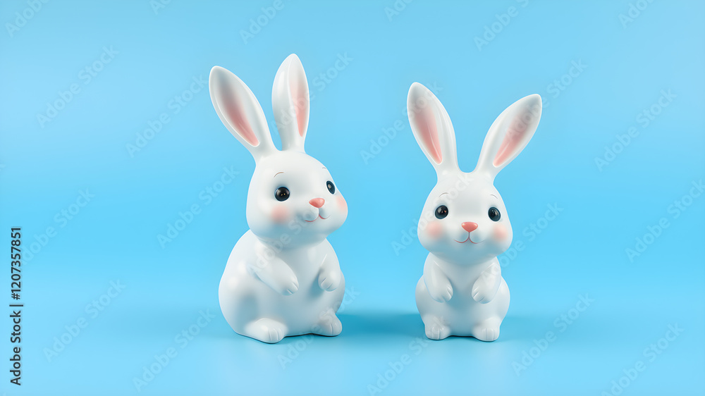 3d illustration of two cute white ceramic rabbit decorations. Animal characters isolated on blue background. Generative AI 3d illustration of two cute white ceramic rabbit decorations. Animal characters isolated on blue background. Generative AI
