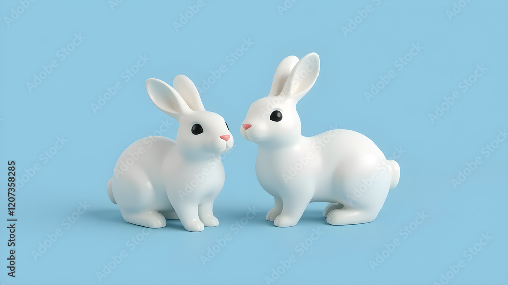 Obraz premium 3d illustration of two cute white ceramic rabbit decorations. Animal characters isolated on blue background. Generative AI