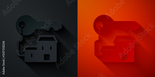 Paper cut Winning house with key icon isolated on black and red background. Paper art style. Vector