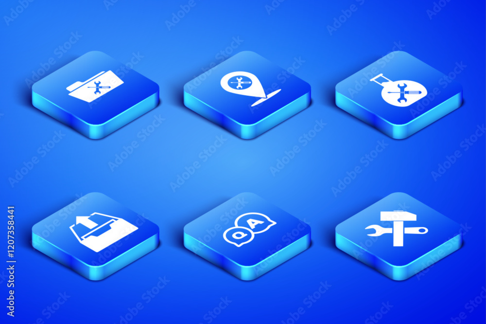Set Crossed hammer and wrench, Folder service, Question Answer, Upload inbox, Location and Bioengineering icon. Vector Set Crossed hammer and wrench, Folder service, Question Answer, Upload inbox, Location and Bioengineering icon. Vector