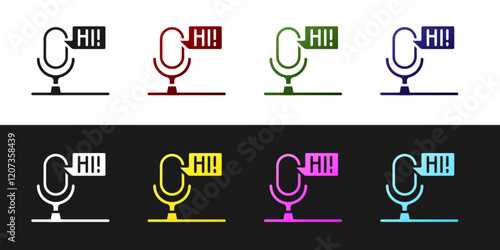 Set Microphone voice device icon isolated on black and white background. Microphone interpreter and alphabet letters. Vector