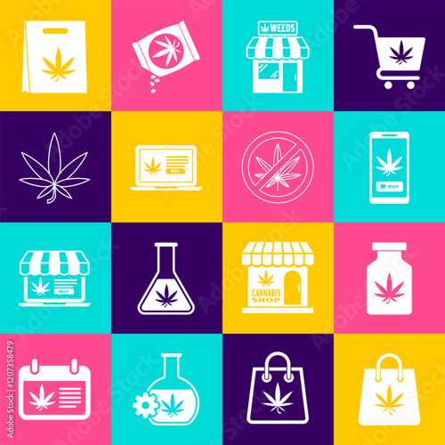 Set Shopping bag of marijuana, Medical bottle with, Online buying, Marijuana and cannabis store, leaf, and Stop icon. Vector