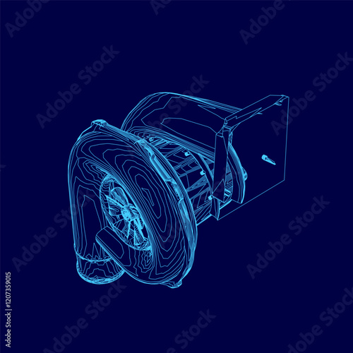 Blue drawing of a car engine with a turbo. The engine is shown in a 3D format