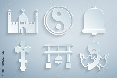 Set Japan Gate, Church bell, Christian cross, Jesus, Yin Yang and Muslim Mosque icon. Vector