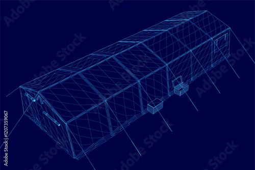 Tent is shown in a blue background. The tent is a large structure with a roof and poles. The tent is open and has a blue color